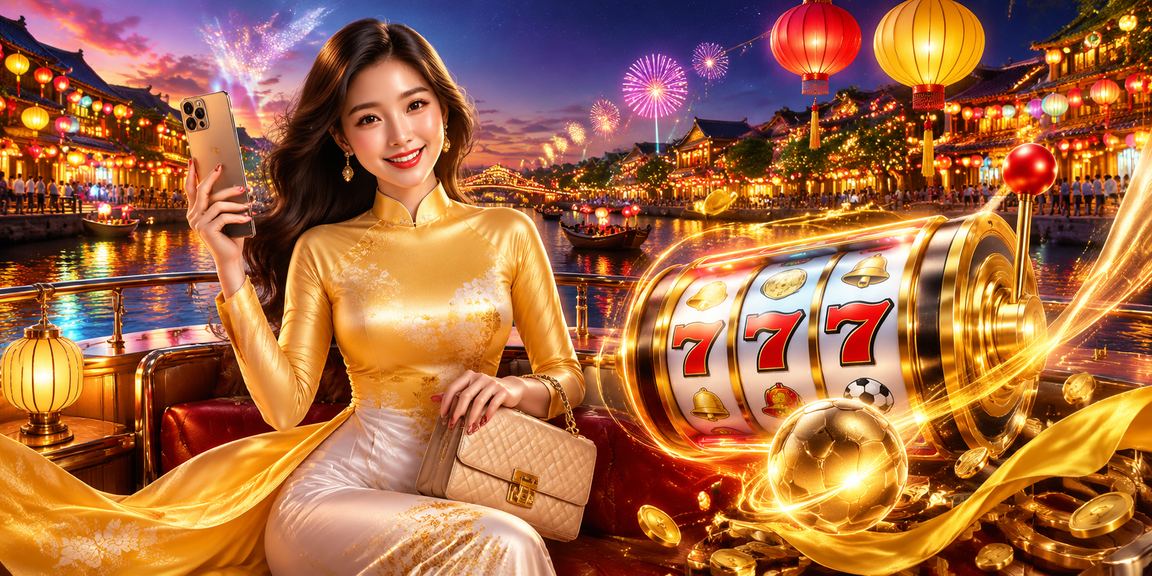 Cô gái mặc áo dài chơi slot game tại Hội An với không khí lễ hội truyền thống